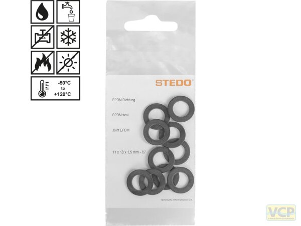 EPDM Dichtungen 11 x 18 x 1,5 mm für Überwurfmutter 1/2" im Trinkwasserbereich, Inhalt pro Tüte: 10 Stk