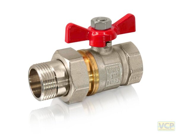 WESA Kugelhahn Messing 5/4" IG x 5/4" Verschraubung AG PN25 flachdichtend Flügelgriff ALU Rot lackiert