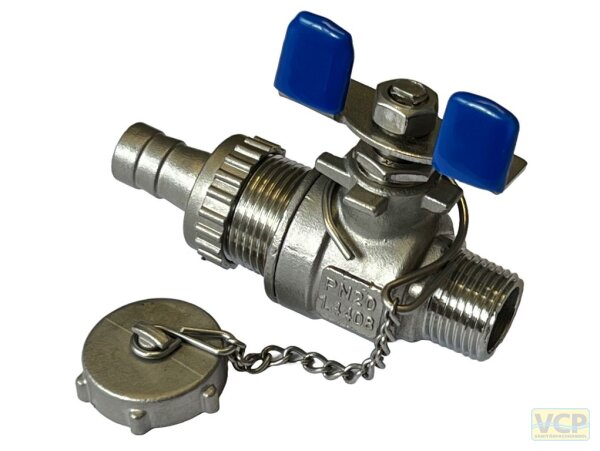 KFE-Hahn Edelstahl 1/2" Ag x 3/4" V4A mit Hebel und Verschlusskappe